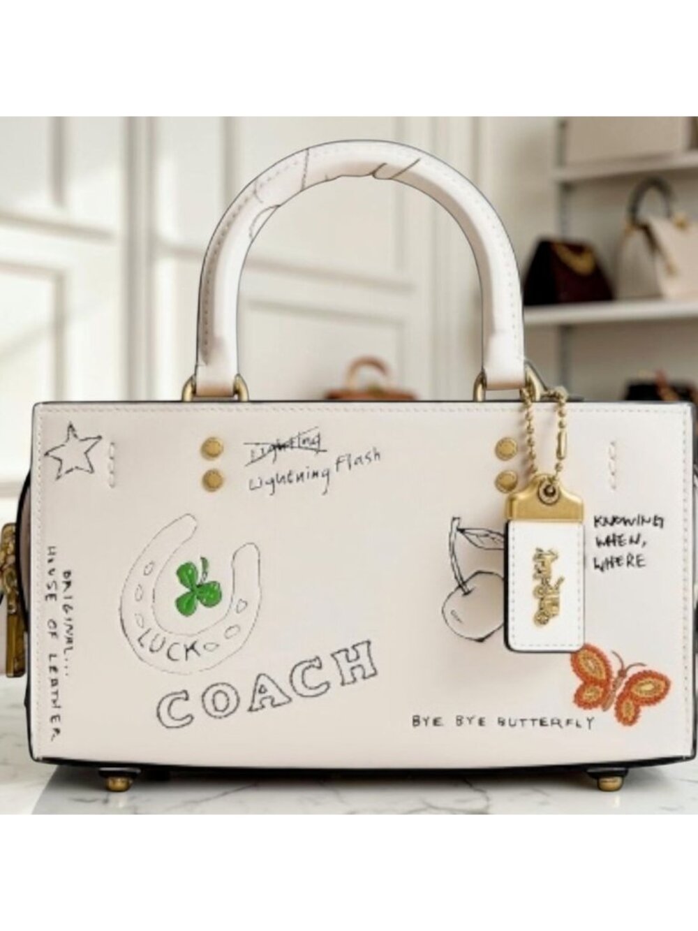 NEW!! Coach Rogue 25 Tote Bag With Dinosaur & Lucky Drawings In Chalk White Leat